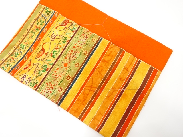 未使用品　金彩　横段に花鳥模様　紬　名古屋帯